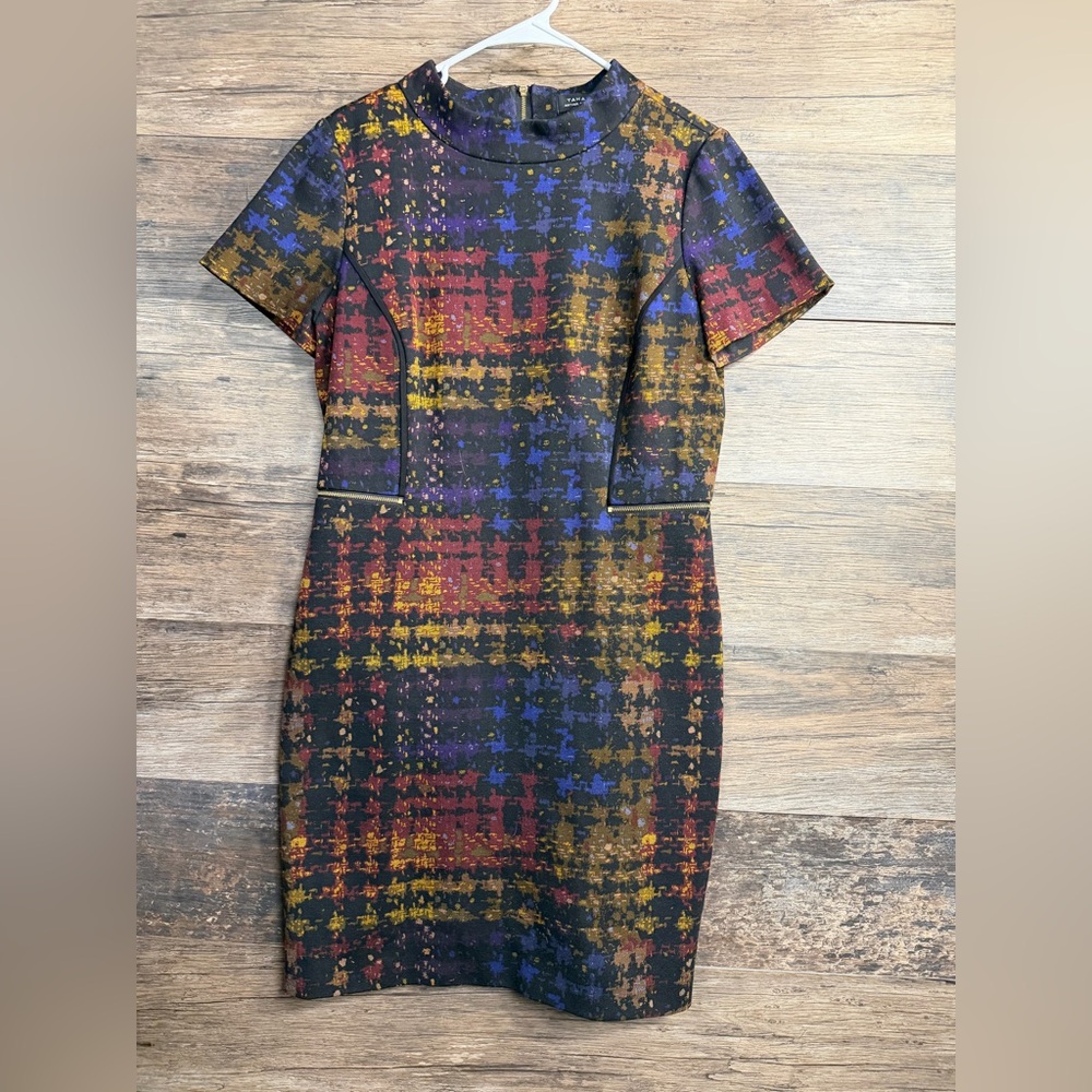 Tahari‎ Printed Midi Dress in Black with Red, Blue, and Gold Accents